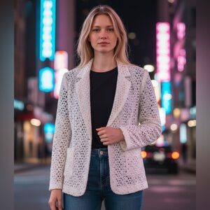 Alberto Makali Cream Lace Crochet Blazer Boho Jacket Lightweight Sheer Top Sz L